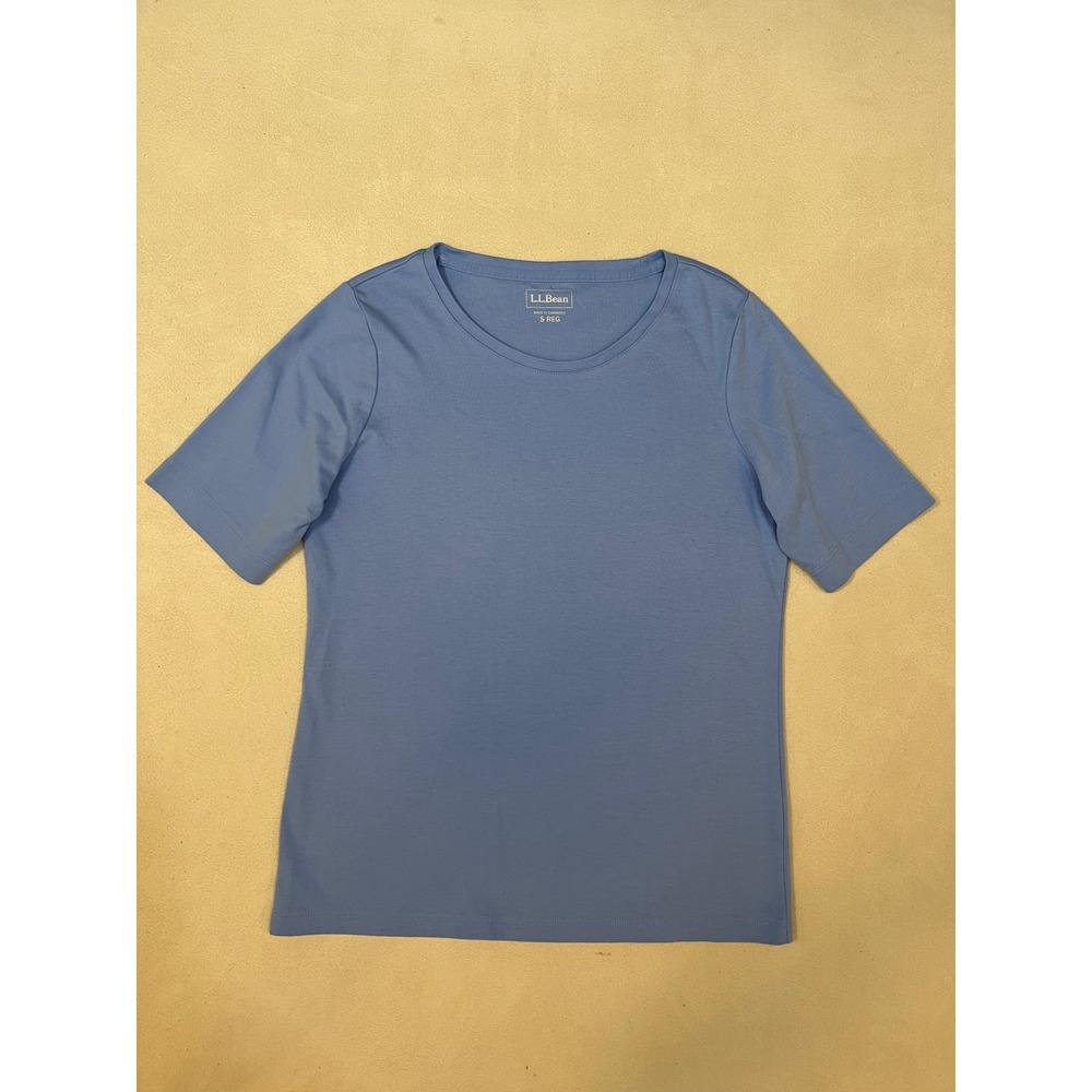 LL Bean Womens Pima Cotton Short Sleeve T-Shirt Blue Crew Neck 507478 Small S
